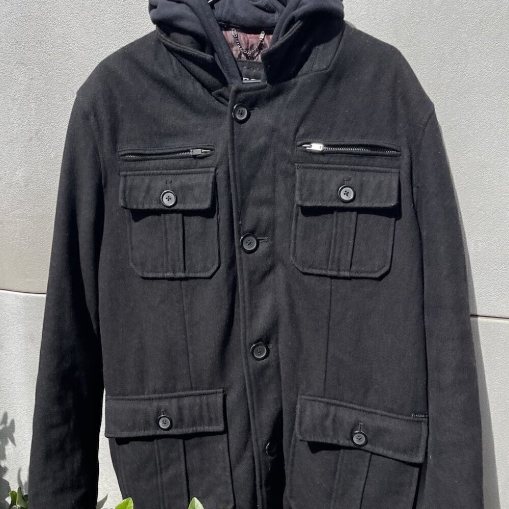 Vintage Guess Men’s Sz L Wool Long Pea Coat Black Full Zip Quilted Lining Hood